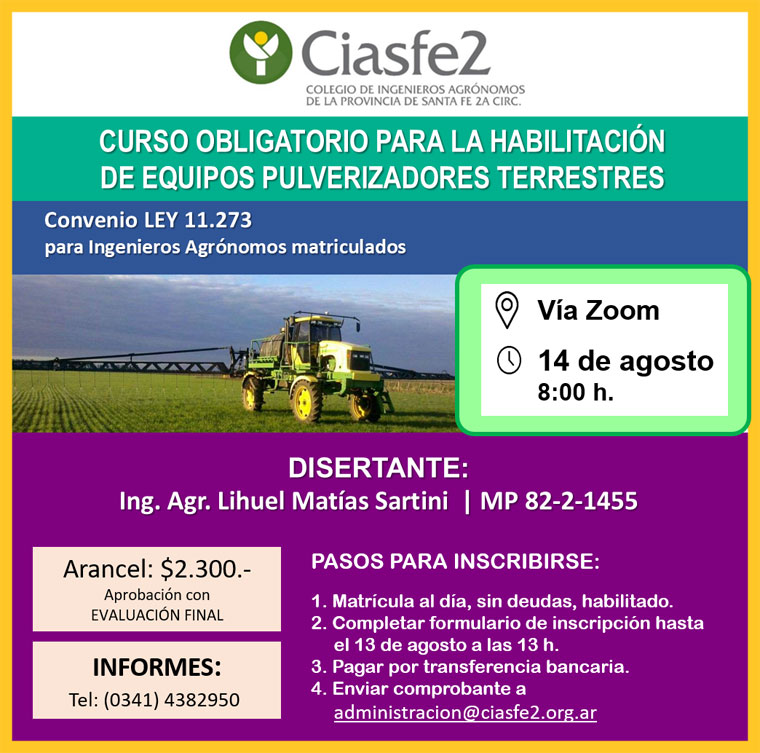 Curso obligatorio para la habilitación de equipos pulverizadores terrestres